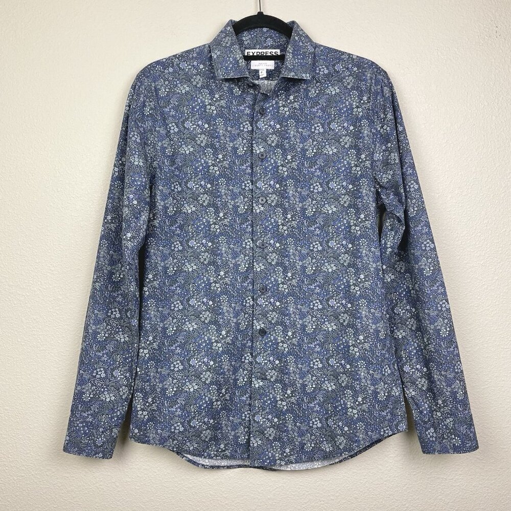 Express Men's Small Liberty Fabric Long Sleeve Collared Dress Shirt Blue Floral